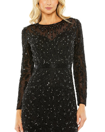 Black beaded evening gown with long sleeves, from Elegant Threads, designed for elegant nights and formal events.