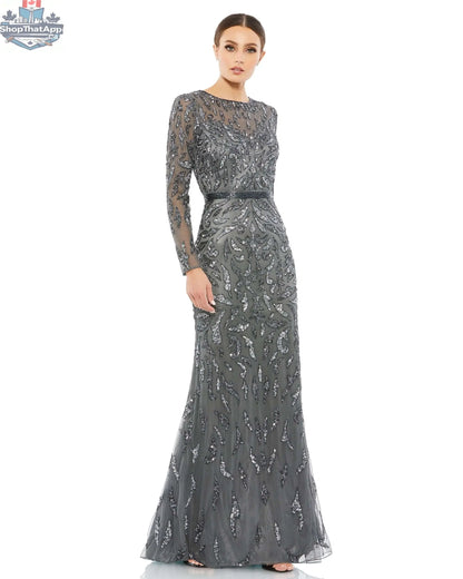 Charcoal beaded evening gown with long sleeves by Elegant Threads, featuring intricate beadwork for elegant night events.
