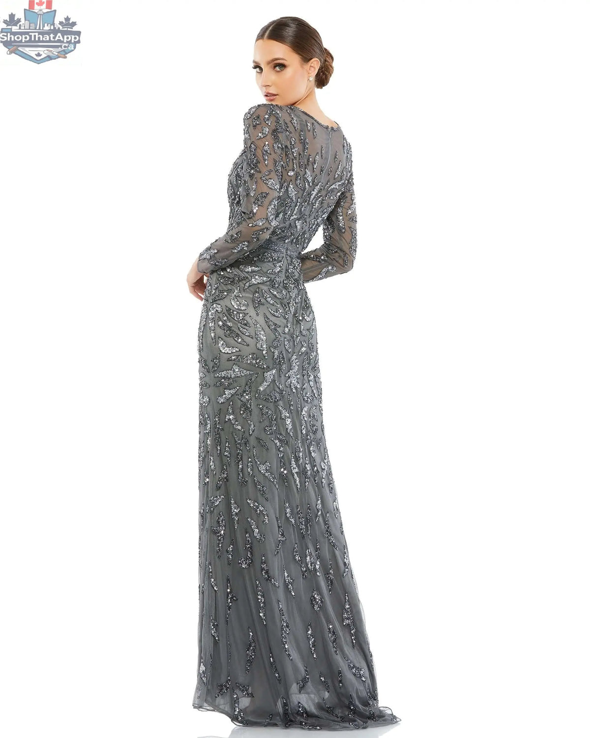 Charcoal beaded evening gown with long sleeves by Elegant Threads, featuring intricate beadwork for elegant night occasions.