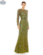 Beaded olive green evening gown with long sleeves by Elegant Threads, perfect for elegant nights and formal occasions.
