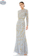 Beaded platinum gold evening gown with long sleeves by Elegant Threads, elegant dress for formal or special occasions.