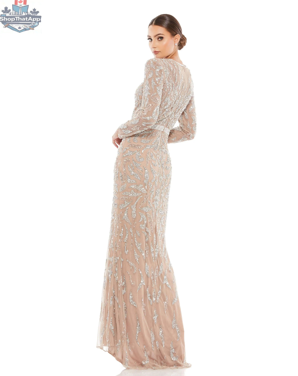 Elegant Threads beaded evening gown with long sleeves, perfect for elegant nights and formal events.