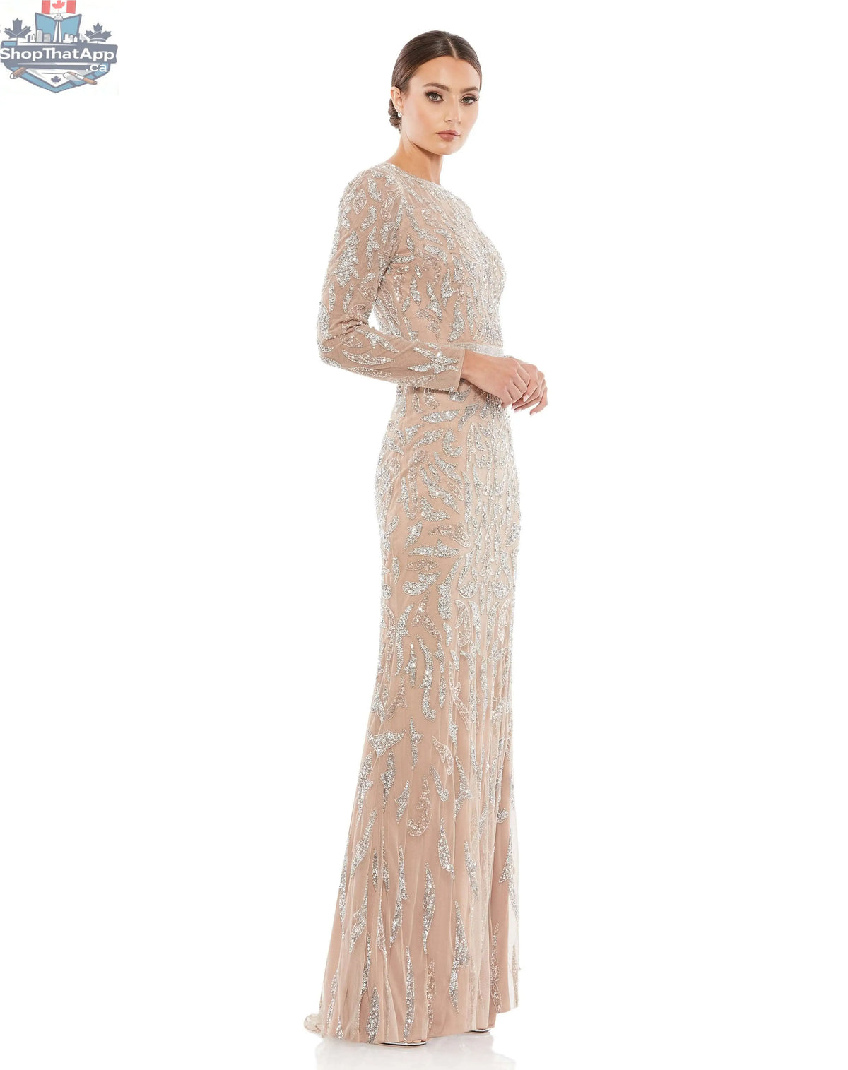 Elegant Threads beaded evening gown with long sleeves, showcasing intricate beadwork and a flowing silhouette for elegant nights.