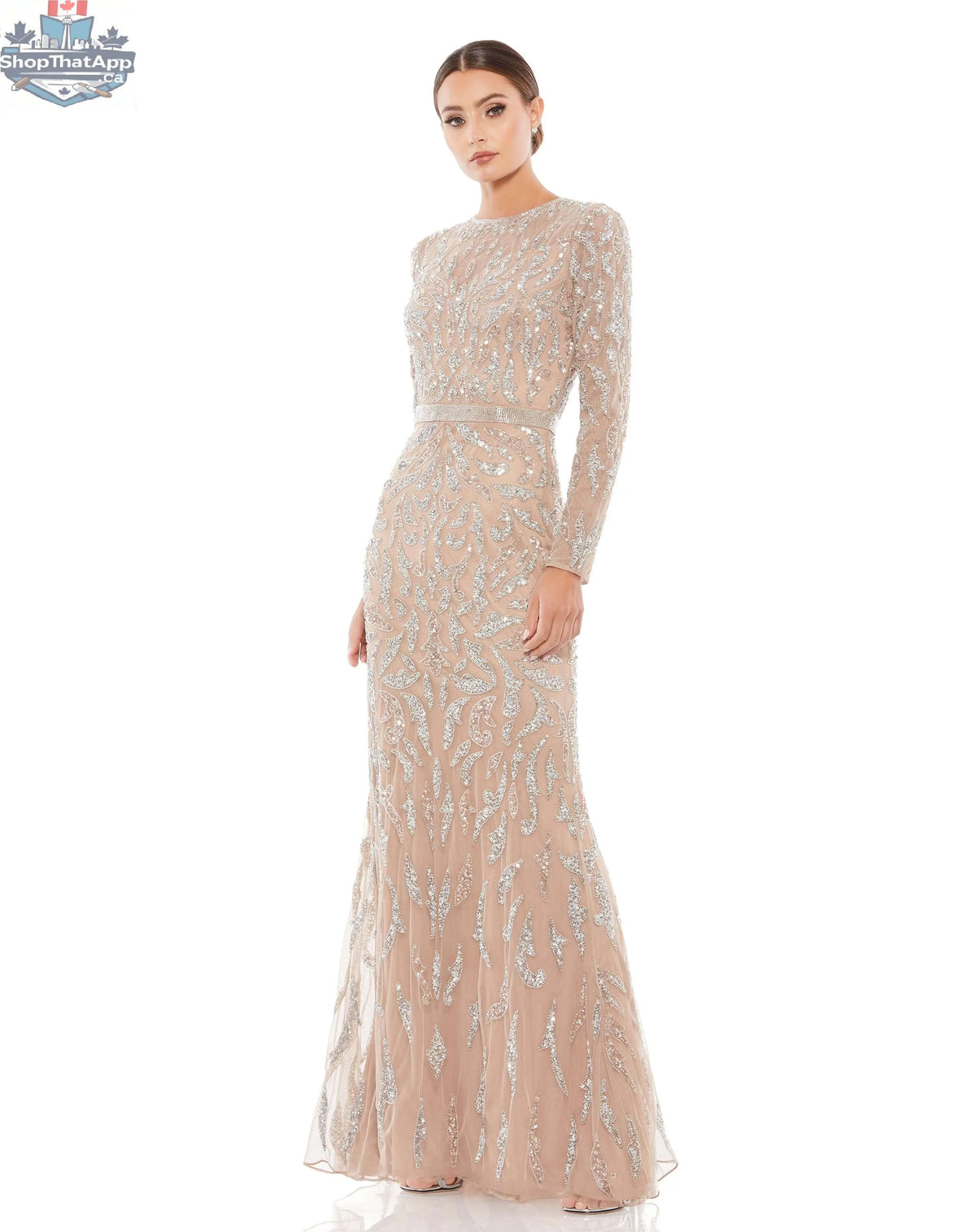Elegant Threads beaded evening gown with long sleeves, featuring intricate beadwork for elegant night occasions.