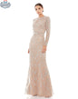 Elegant Threads beaded evening gown with long sleeves, featuring intricate beadwork for elegant night occasions.