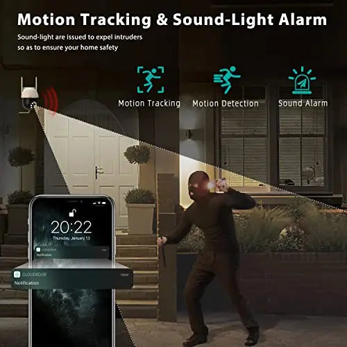 2K outdoor security camera with motion tracking and detection, showing the camera mounted outdoors with a clear lens and motion sensors.