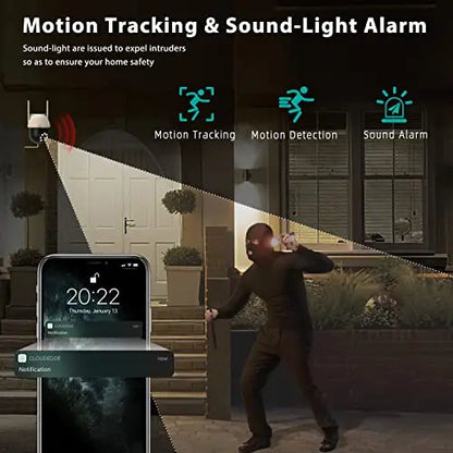 2K outdoor security camera with motion tracking and detection, showing the camera mounted outdoors with a clear lens and motion sensors.