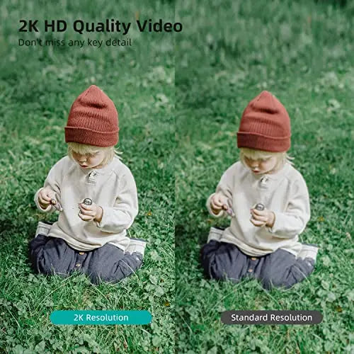 2K outdoor security camera with motion tracking and detection, showing weather-resistant design and camera lens in action.