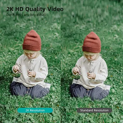 2K outdoor security camera with motion tracking and detection, showing weather-resistant design and camera lens in action.