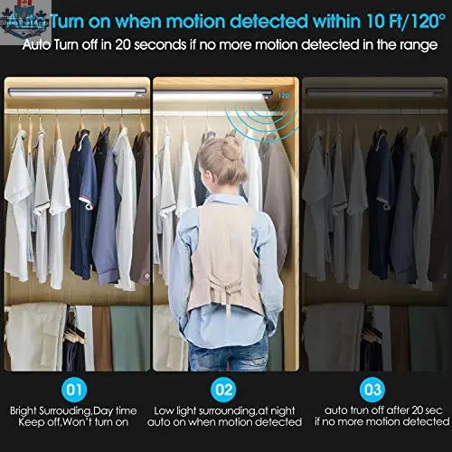 20 LED motion sensor closet light providing automatic illumination for closets with easy installation and energy-efficient operation.