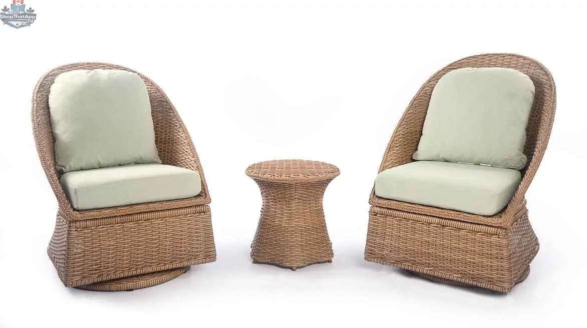 Krikacy Emmett wicker outdoor bistro set with three swivel chairs and a matching table for outdoor relaxation and dining.