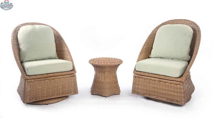 Krikacy Emmett wicker outdoor bistro set with three swivel chairs and a matching table for outdoor relaxation and dining.