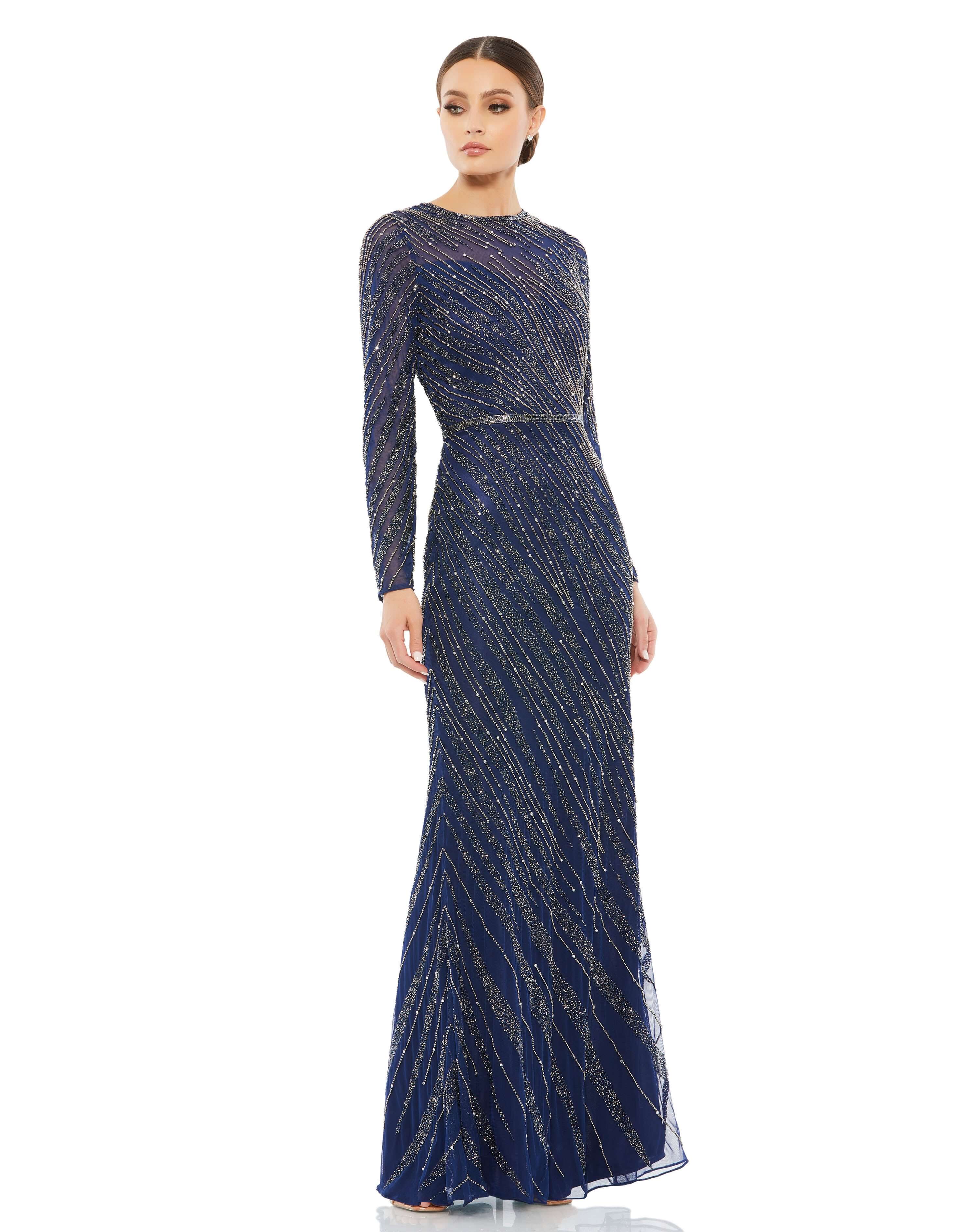 Long Sleeve Beaded Column Gown - Www.Shopthatapp.ca