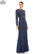Elegant Threads long sleeve beaded evening gown in midnight blue, featuring intricate beadwork and a flowing silhouette.