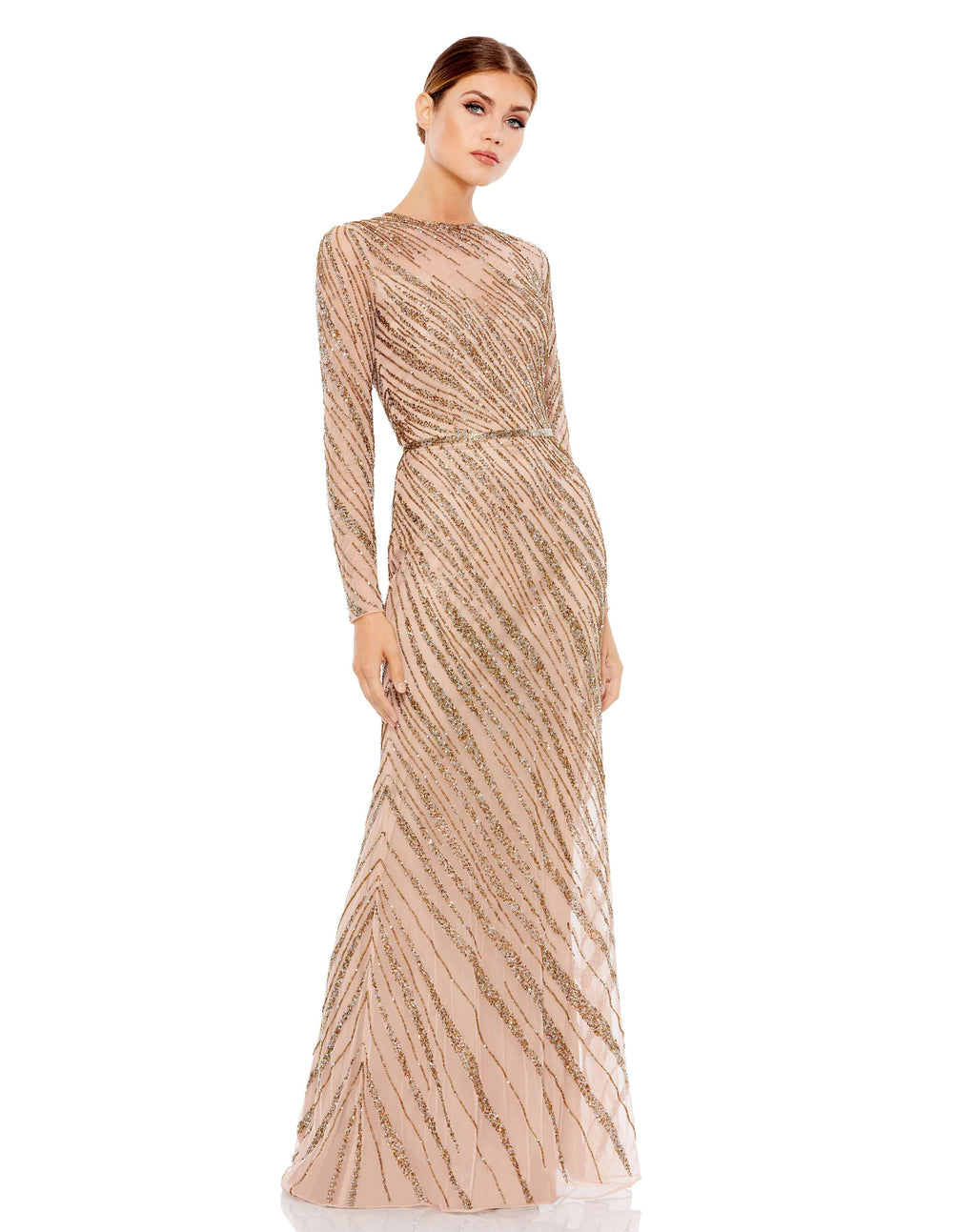 Long Sleeve Beaded Column Gown - Www.Shopthatapp.ca