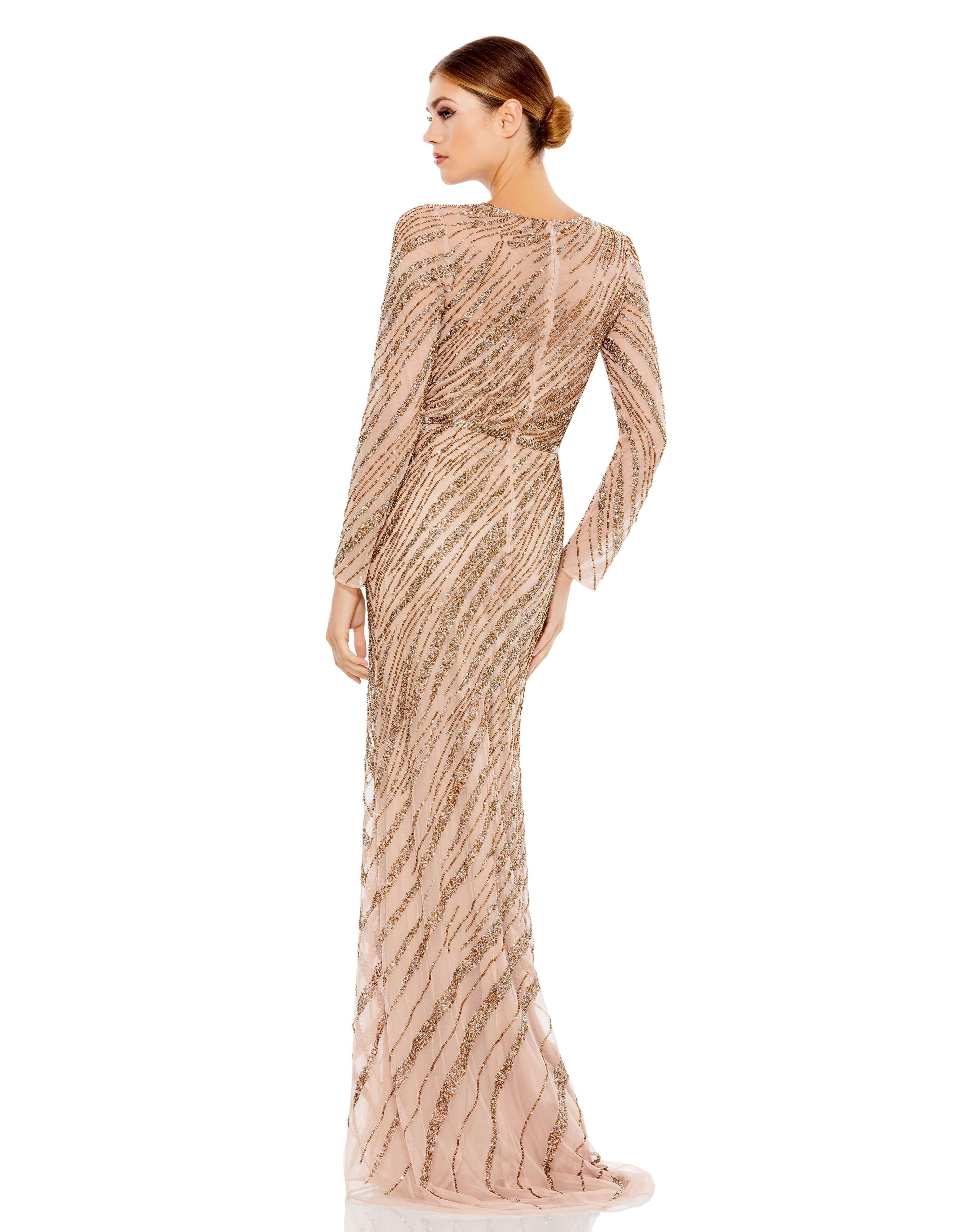Long Sleeve Beaded Column Gown - Www.Shopthatapp.ca