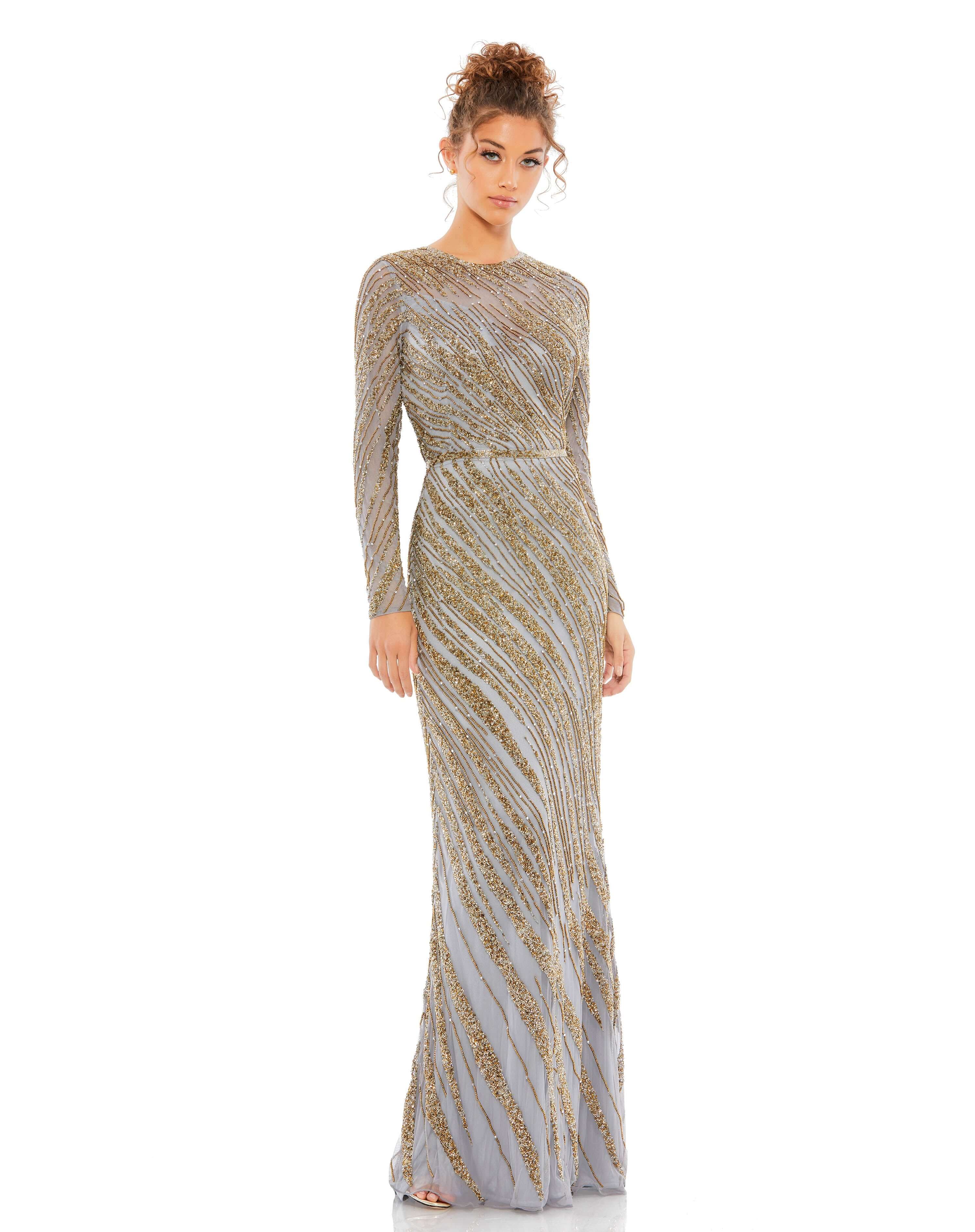 Long Sleeve Beaded Column Gown - Www.Shopthatapp.ca