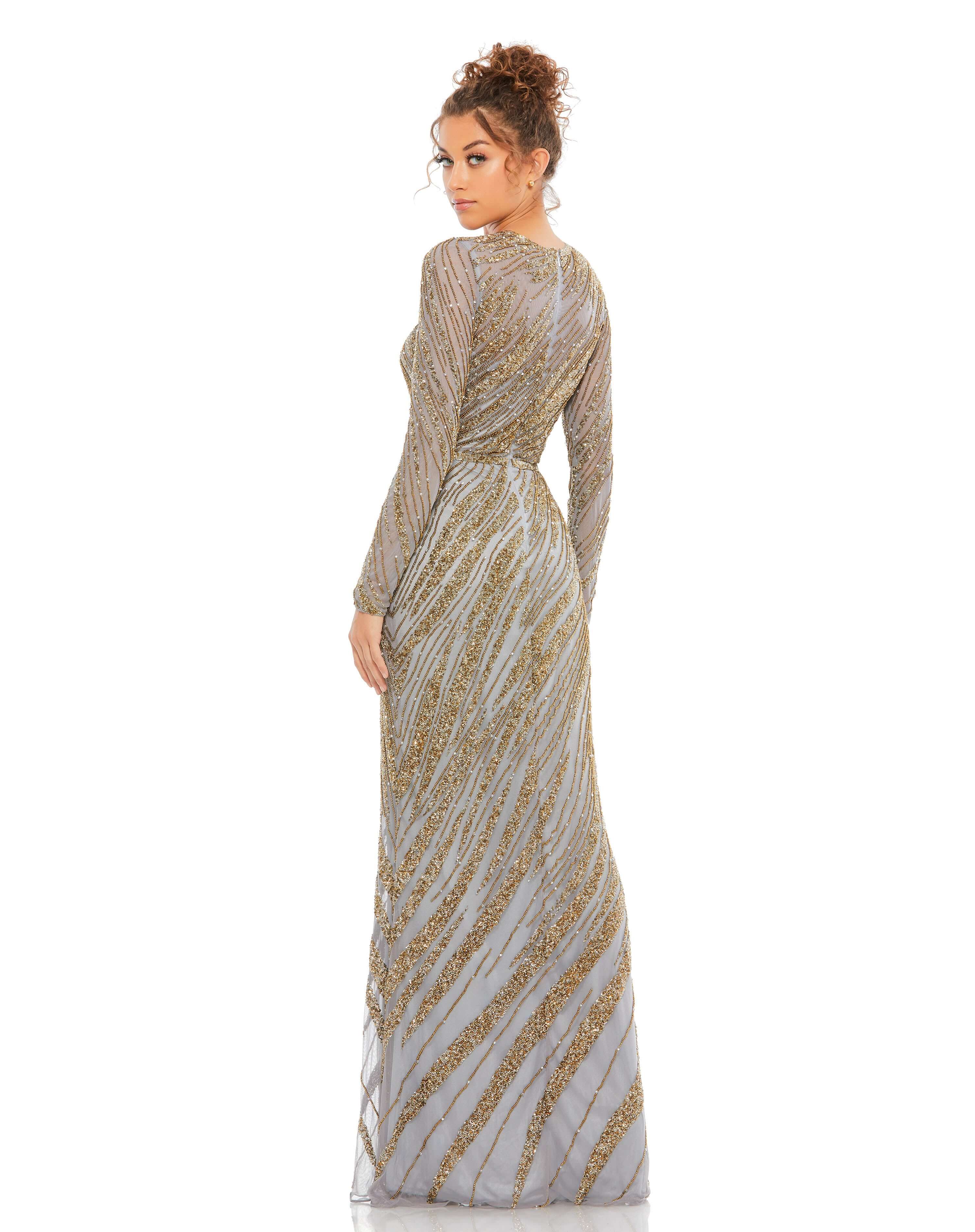 Long Sleeve Beaded Column Gown - Www.Shopthatapp.ca