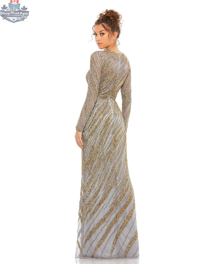 Elegant Threads platinum long sleeve beaded evening gown with intricate beadwork and timeless style, perfect for formal occasions.