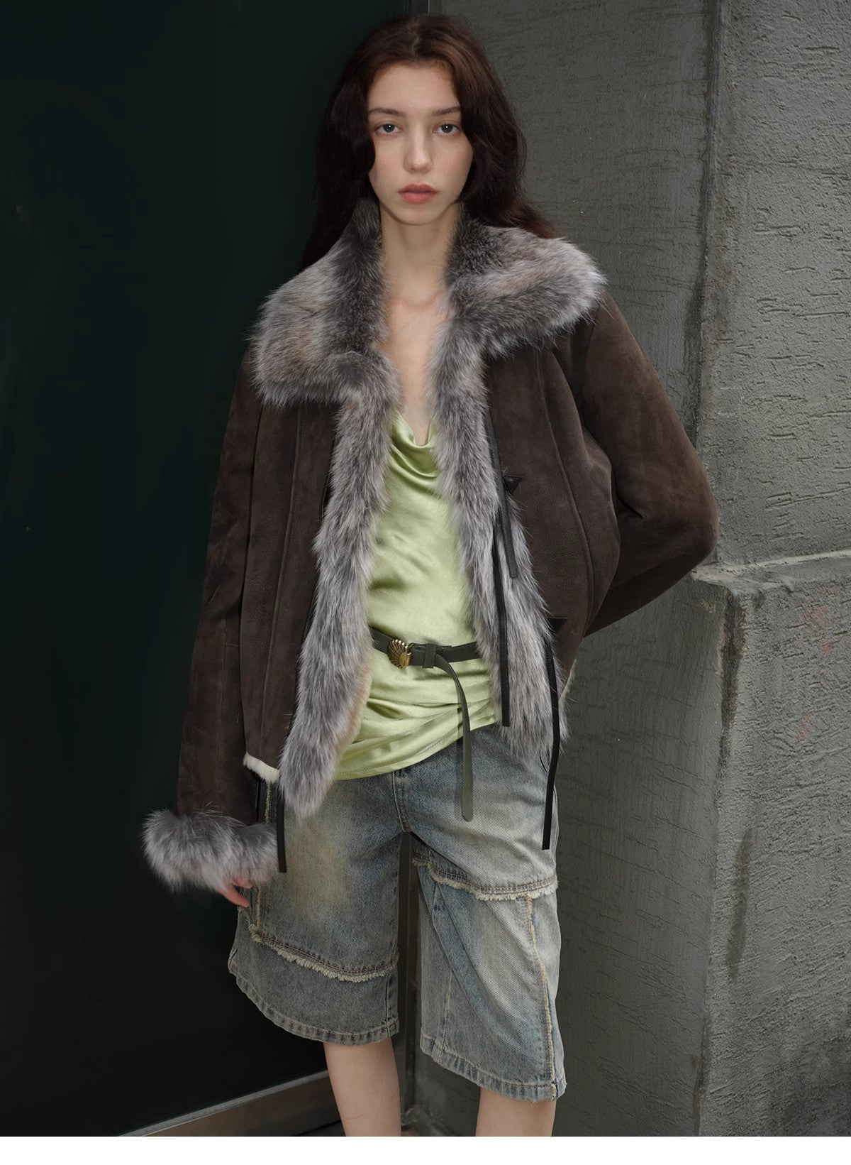 Florence Merino Wool Fur Coat with Imported Sheepskin Patchwork Fox Fur Collar for Winter