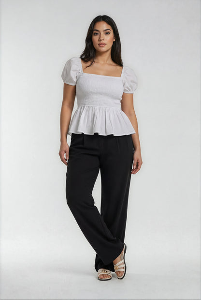 Sera Cotton Poplin Puff Sleeve Blouse Top in White - Elegant Peplum Design - Shopthatapp.ca