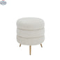 Hygge Design House Cadence ottoman with plush fabric and wooden legs, serving as a stylish seating or footrest piece.
