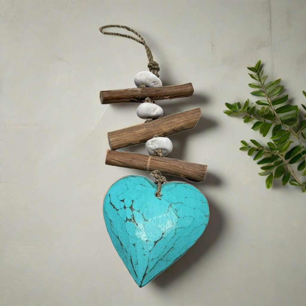 Hanging Driftwood Heart Decor with Pebble and Solid Heart Accent - Shopthatapp.ca