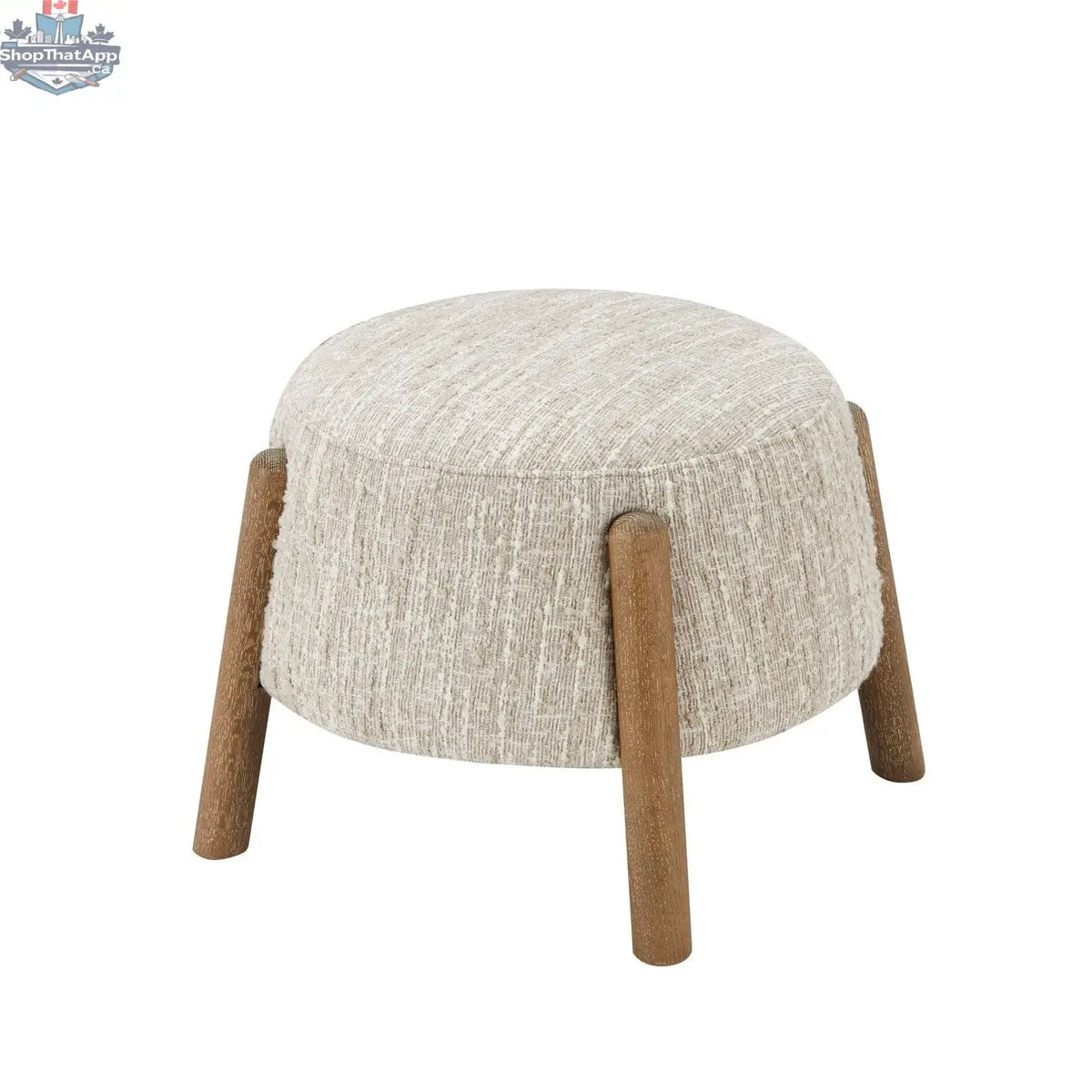 Hygge Design House Aero Ottoman in neutral fabric, showcasing a modern, plush ottoman with wooden legs for living room decor.