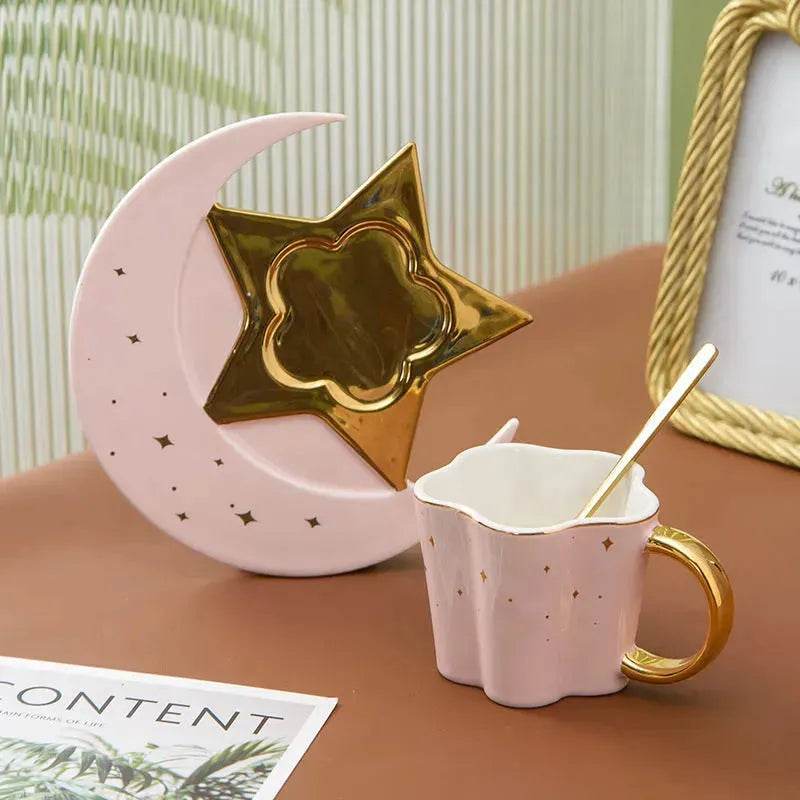 4pc set Creative Porcelain Ceramic Coffee Cup With Star And Moon Saucer