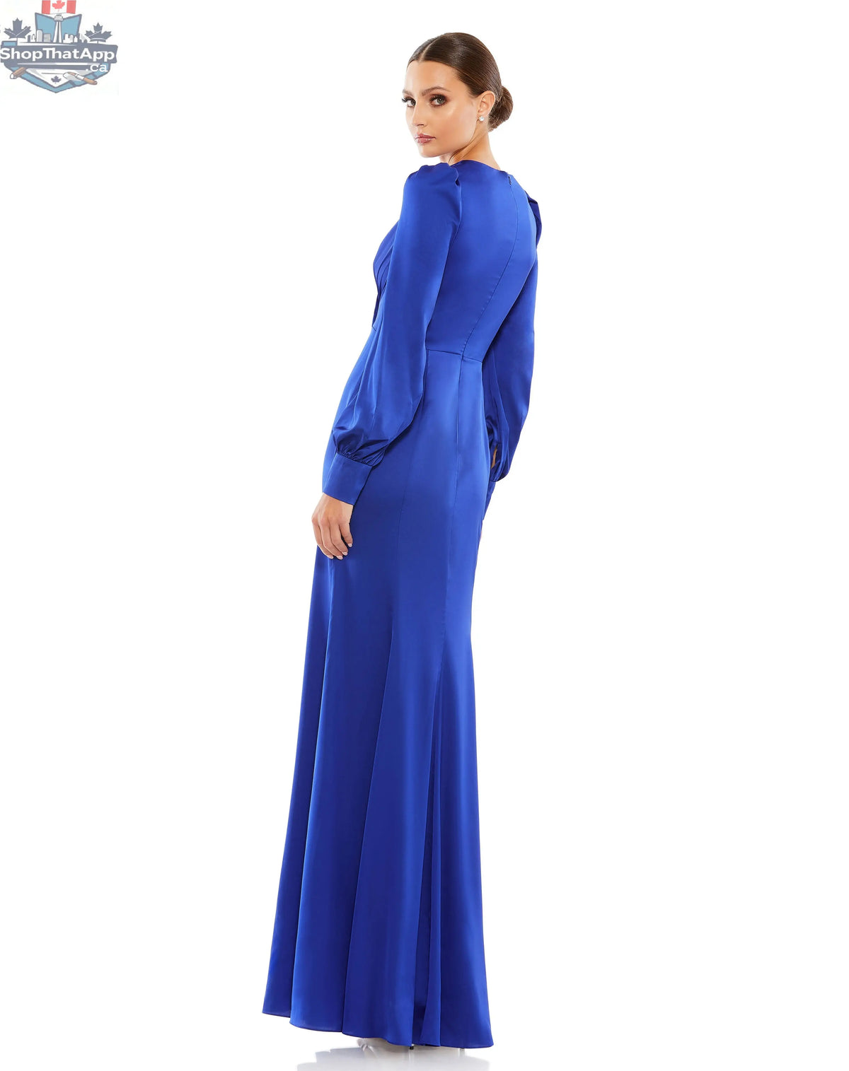 Royal blue satin ruched bishop sleeve gown by Elegant Threads, featuring elegant draping and a sophisticated silhouette.