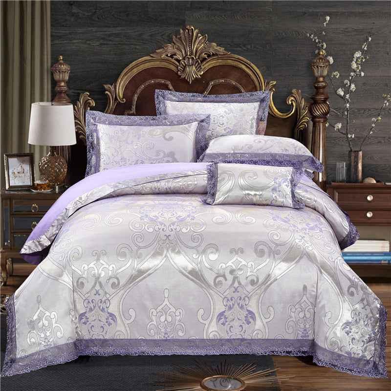Jacquard Cotton Four‑Piece Luxury Bedding Set – Pure Cotton Duvet Cover &amp; Silk‑Satin Finish Bed Sheet