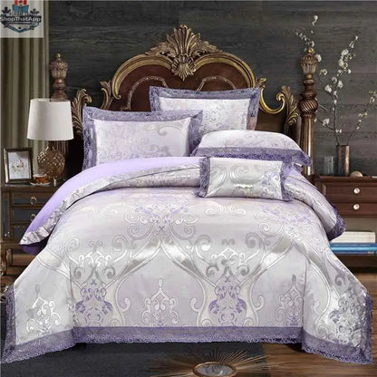 Luxury SLOTH Nation jacquard cotton bedding set with duvet cover and silk-satin bed sheet, four-piece bed linen ensemble.