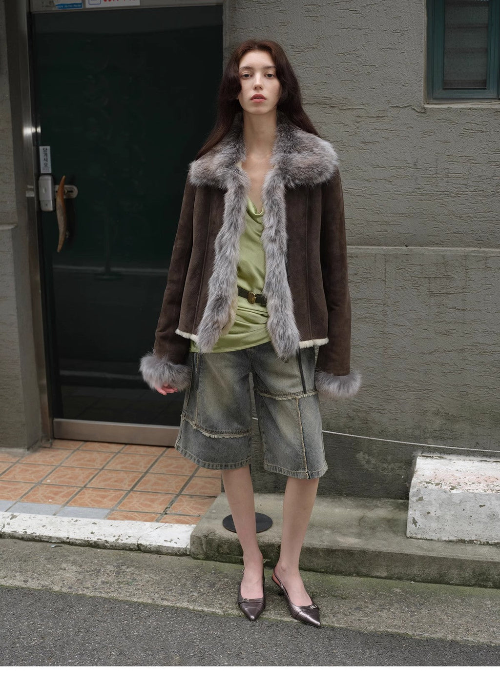 Florence Merino Wool Fur Coat with Imported Sheepskin Patchwork Fox Fur Collar for Winter