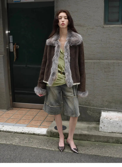 Florence Merino Wool Fur Coat with Imported Sheepskin Patchwork Fox Fur Collar for Winter - Shopthatapp.ca