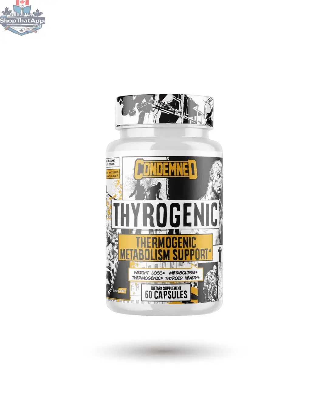 Condemned Thyrogenic thyroid support supplement by BulkBully Essentials, featuring a capsule bottle with label and supplement capsules inside.