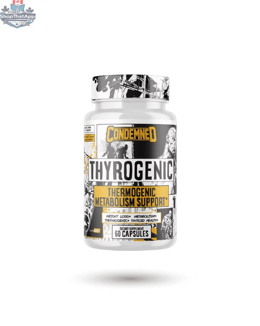 Condemned Thyrogenic thyroid support supplement by BulkBully Essentials, featuring a capsule bottle with label and supplement capsules inside.