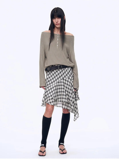 LikeToBuy fashion law casual one-shoulder raglan sleeve T-shirt top, beige color, relaxed fit with stylish design.