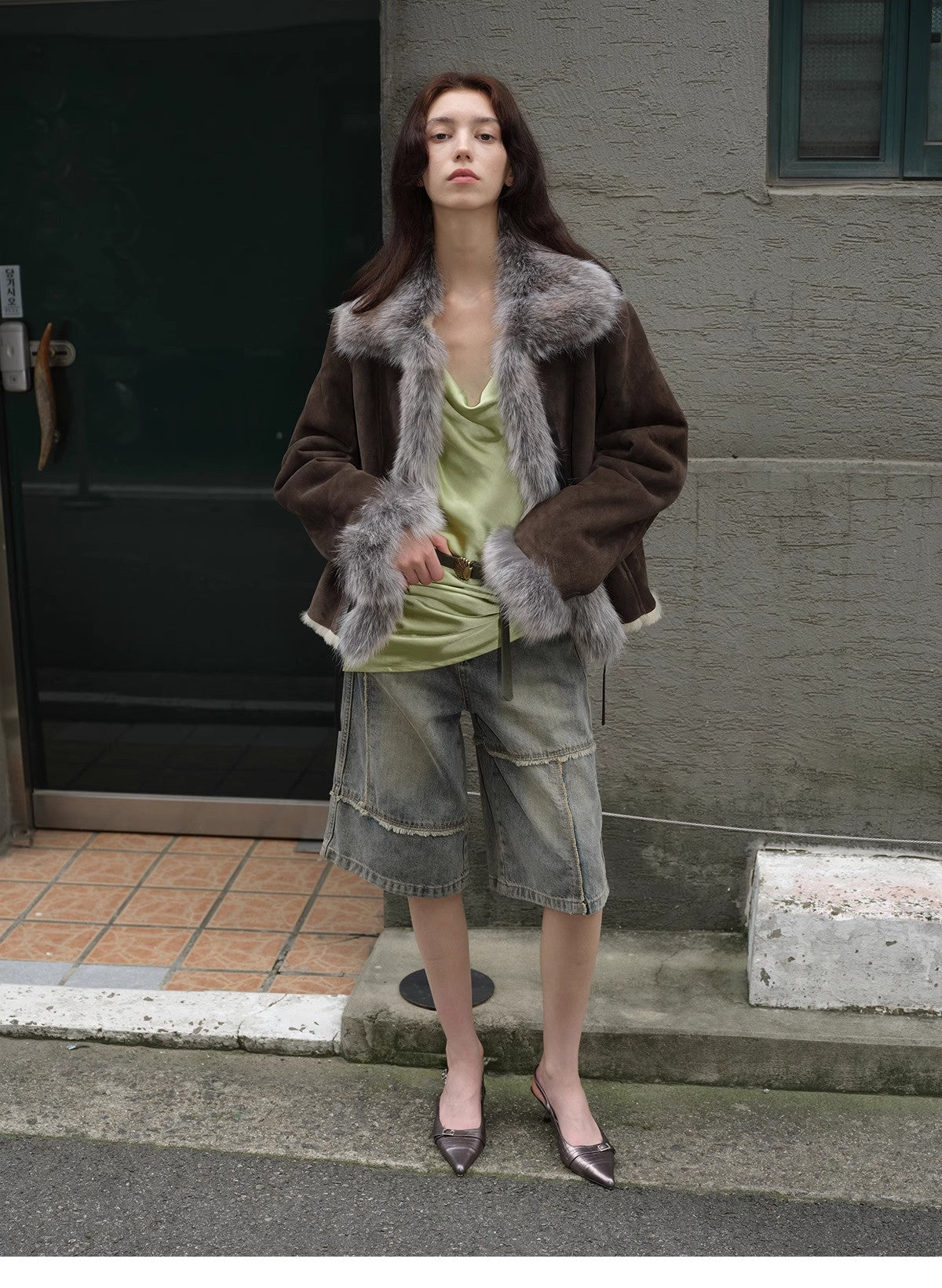 Florence Merino Wool Fur Coat with Imported Sheepskin Patchwork Fox Fur Collar for Winter