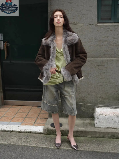 Florence Merino Wool Fur Coat with Imported Sheepskin Patchwork Fox Fur Collar for Winter - Shopthatapp.ca