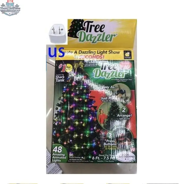 Colorful 64 and 48 Light Dazzler Christmas Tree Light Show with shimmering, animated lights on a decorated holiday tree.
