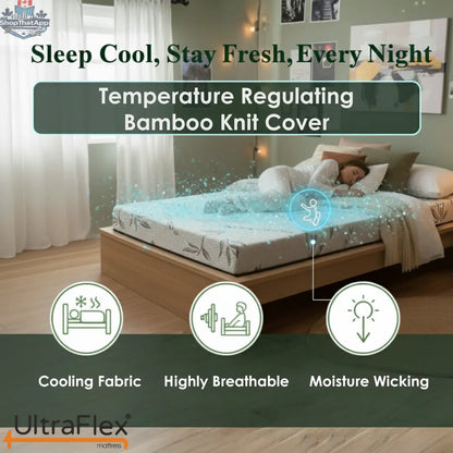 UltraFlex® Atlas mattress with firm reversible foam, cooling gel infusion, breathable bamboo cover, CertiPUR-US® certified for comfort.