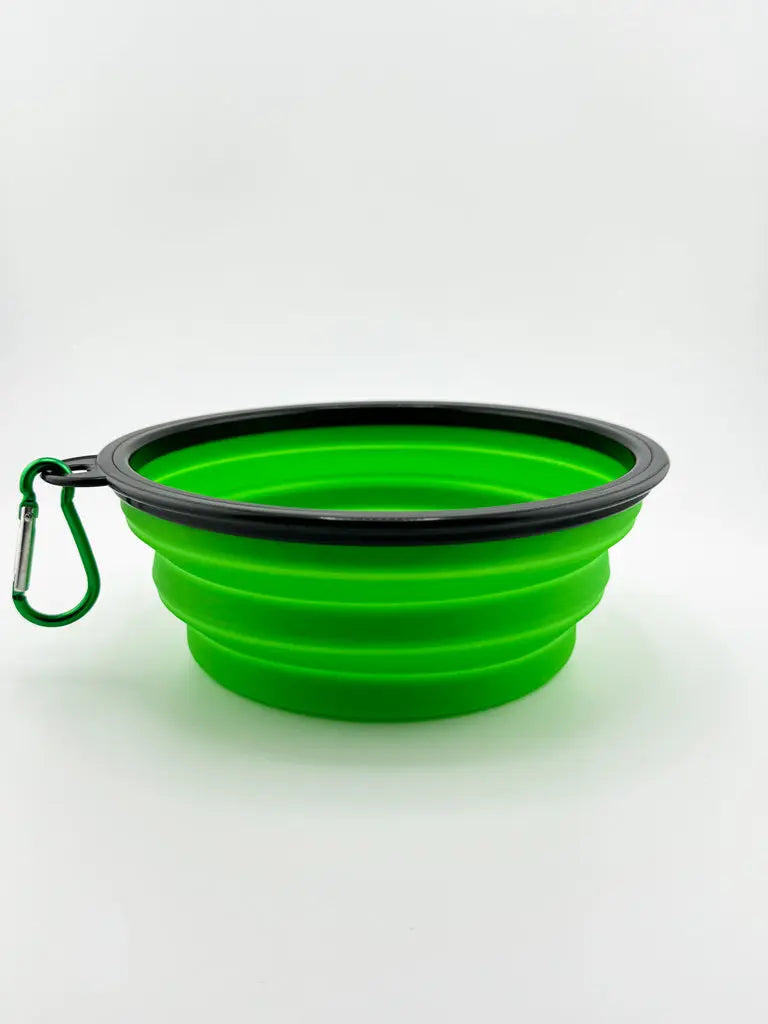 Green foldable dog bowl from ROCKY MOUNTAIN RAW, portable plastic pet bowl for travel and outdoor use.