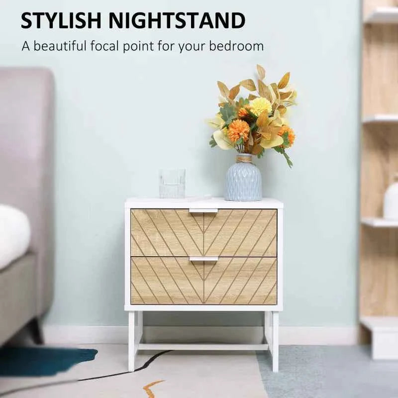Emery Modern Bedside Table with 2 Drawers and Steel Legs-White/Oak