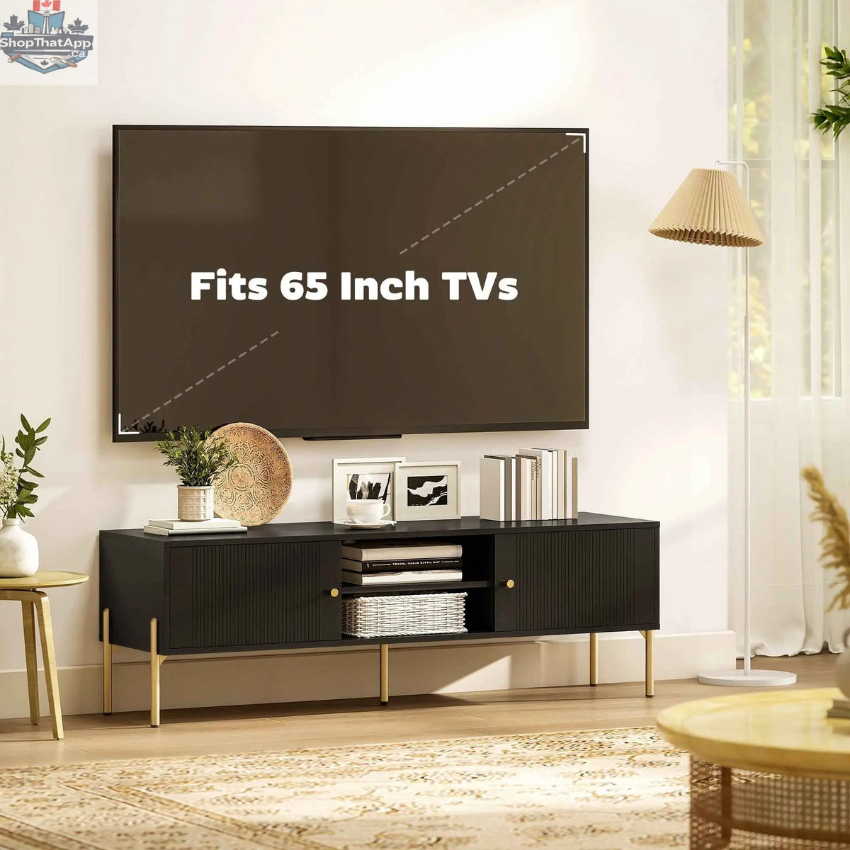 Black Harley TV stand by SLOTH Nation for TVs up to 65 inches, modern living room furniture with sleek design and ample storage space.