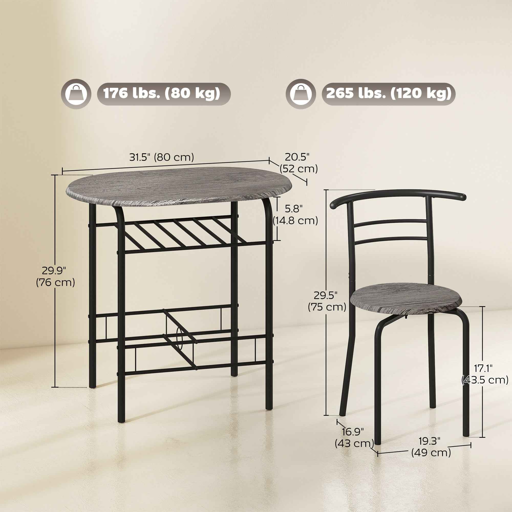 Foden 3-Piece Dining Set with Shelf, for Small Spaces-Dark Grey