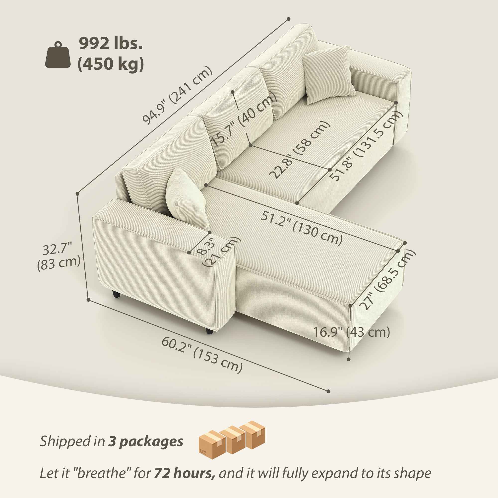 Ronny Reversible Sectional with Changeable Chaise-Cream White
