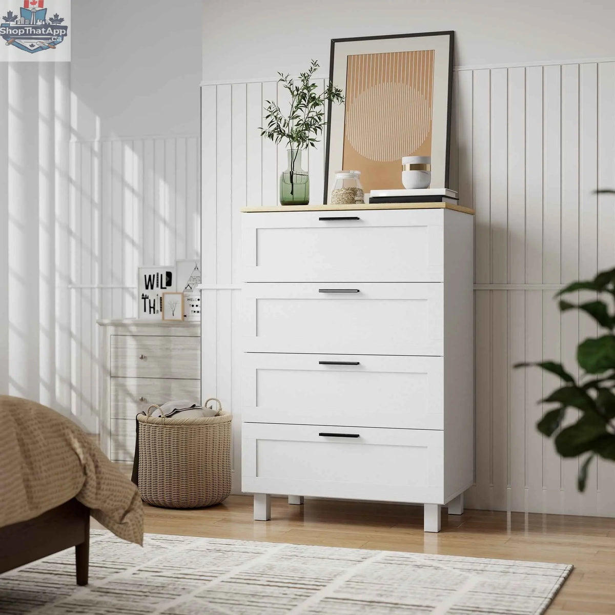 White Taylor bedroom chest with four drawers, modern bedroom furniture by SLOTH Nation, featuring sleek design and sturdy construction.