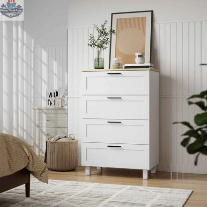 White Taylor bedroom chest with four drawers, modern bedroom furniture by SLOTH Nation, featuring sleek design and sturdy construction.