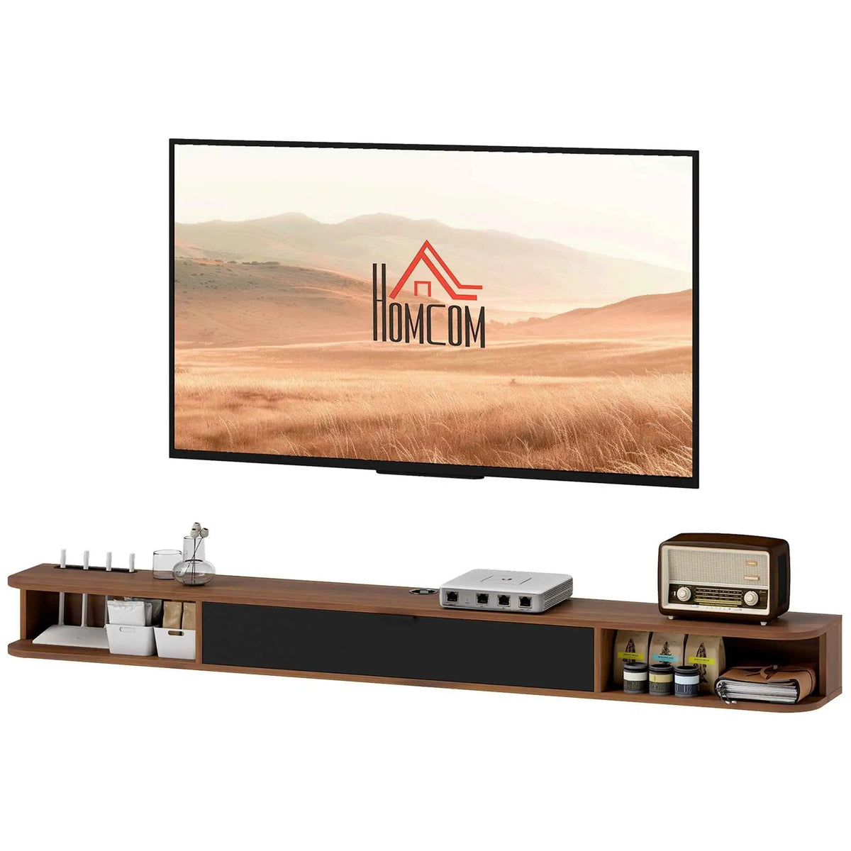 SLOTH Nation Lennox floating TV stand in walnut finish, designed for TVs up to 75 inches with flip drawer for storage.