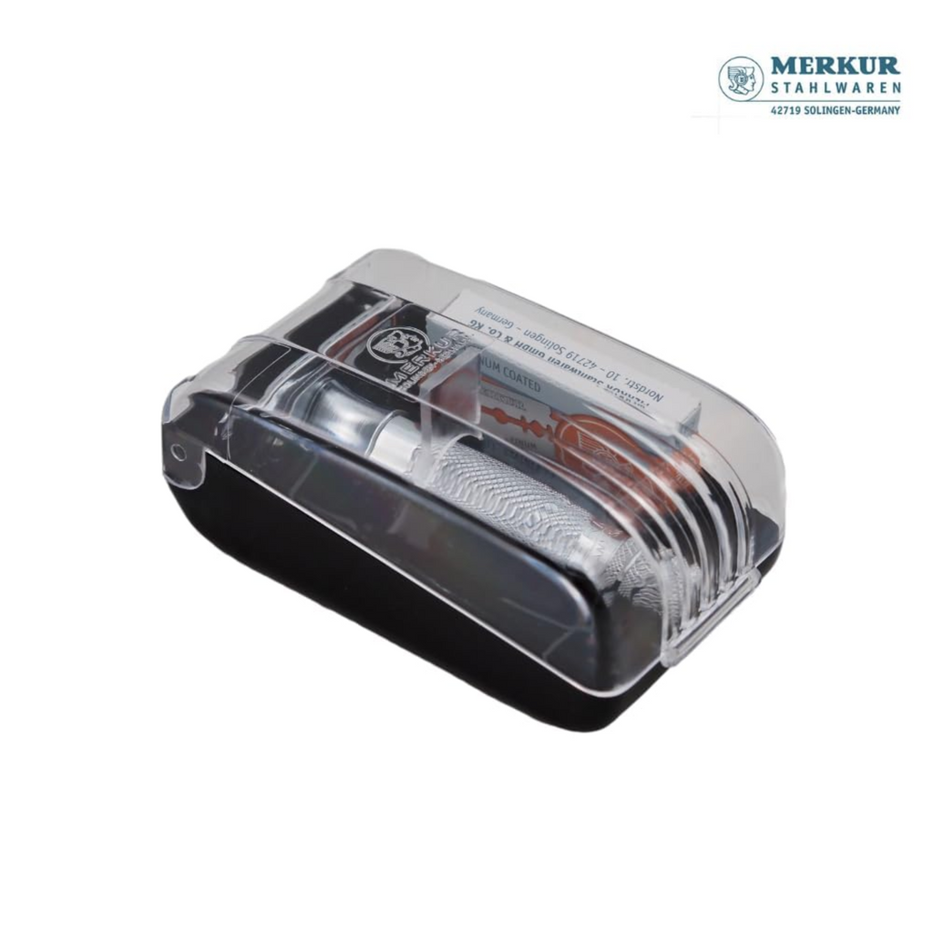 Merkur 34C Safety Razor with Knurled Extra Thick Handle in Chrome - 2-Piece DE Razor Case with 10 Blades